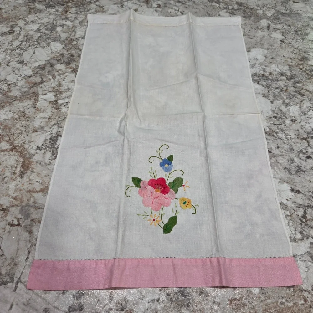 Vintage‎ Linen Tea Towel Pink Floral Hand Embroidered White Kitchen Decor